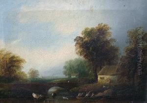 Mid 19th Century- Figures In A Boat On A River By A Bridge With A Cottage And Woodland by A. Beattie