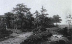 An Angler By A Stream In A Wooded Landscape by Hendrik Pieter Koekkoek