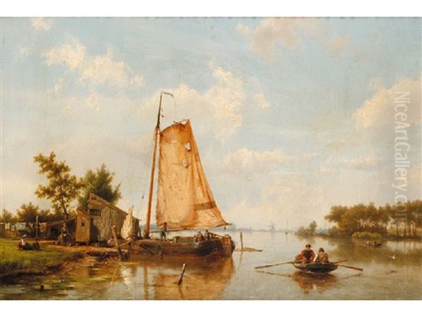 A River Landscape With Figures Beside A Boathouse - view 1