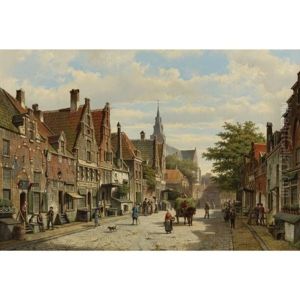 Figures Conversing In The Streets Of A Dutch Town On A Sunny Day, A Hay-cart Passing By