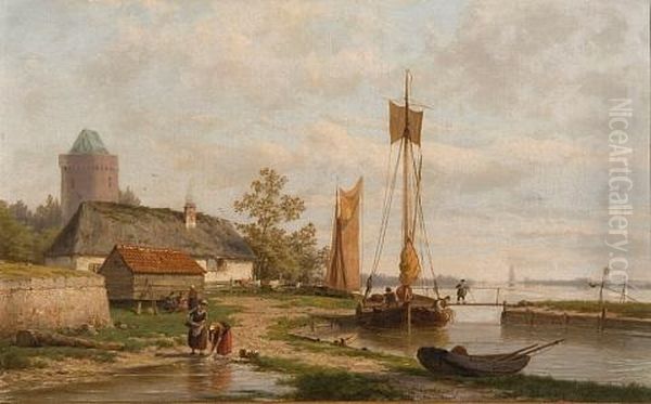Dutch Quayside Scene With Washerwomen And Estuary Beyond - view 1