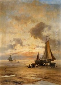 Coastal Landscape At Evening With Fisherwomen And A Cart by Johannes Koekkoek
