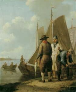 Beim Entladen Des Fischfangs Im Hafen by Johannes Koekkoek