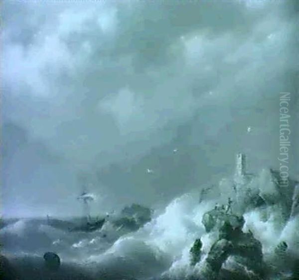 Shipwrecked In A Storm Off A Rocky Coastline - view 1