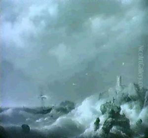 Shipwrecked In A Storm Off A Rocky Coastline by Johannes Koekkoek