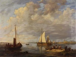 The Mouth Of A Dutch River, With Sailing Barges & Figures by Johannes Hermanus Koekkoek Snr
