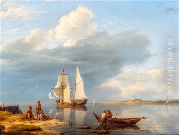 Sailingboot On Calm Sea With Figures On The Shore - view 1