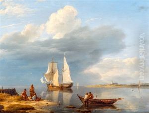 Sailingboot On Calm Sea With Figures On The Shore Sailingboot On Calm Sea With Figures On The Shore