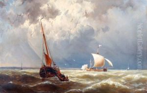 Sailing Vessels In Choppy Waters by Johannes Hermanus Koekkoek Snr