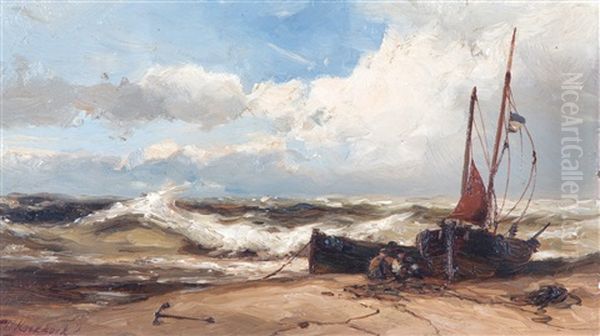 A Breezy Day With Fishermen Mending Their Nets On The Shore - view 1