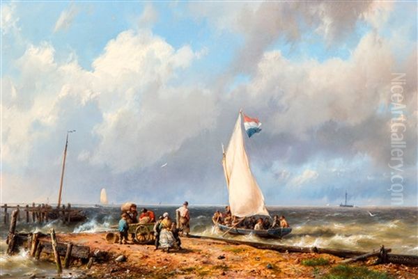 Dutch Sailing Boat On Choppy Water At The Harbour Entrance - view 1