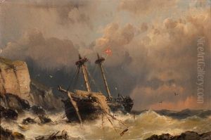 Shipwreck Near A Rocky Coastline by Johannes Hermanus Koekkoek Snr