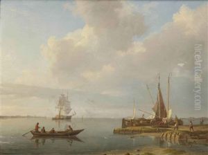 Fishermen And Fishing Boats On A Calm Estuary by Johannes Hermanus Koekkoek Snr
