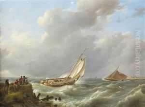 A Sailing Boat On Choppy Waters, Muiden In The Distance by Johannes Hermanus Koekkoek Snr