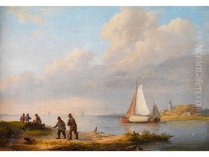 Uferlandschaft Mit Hohem Himmel, Segelbooten Und Figurenstaffage by Johannes Hermanus Koekkoek Snr