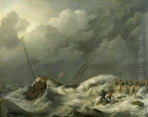 Schiffe Im Sturm Vor Einer Mole by Johannes Hermanus Koekkoek Snr