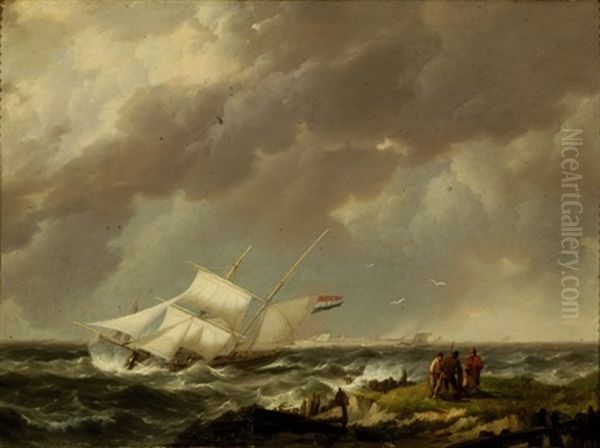 Figures On A Pier And A Ship On The Water In Rough Weather - view 1