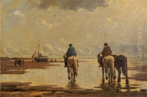 Fishing Boats And Horses On The Leacu by Johannes Hermanus Koekkoek Snr