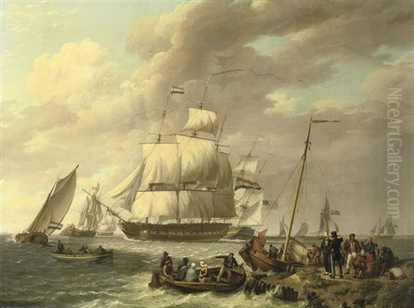 Een Hollands, Amerikaans, Engels, Deens En Zweeds Fregat Op De Westerschelde: Several Frigates Near A Jetty - view 1