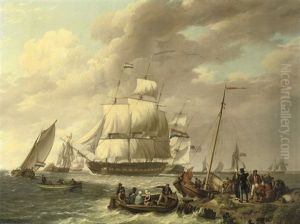 Een Hollands, Amerikaans, Engels, Deens En Zweeds Fregat Op De Westerschelde: Several Frigates Near A Jetty