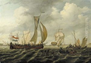Gesigt Op Amsterdam: Sailing-freights On The Ij, With The Westertoren In The Distance, Amsterdam by Johannes Hermanus Koekkoek Snr