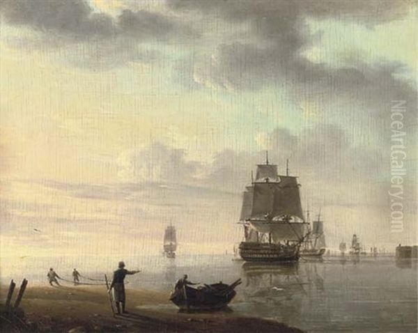 Men-o'war And Other Shipping In An Offshore Anchorage (+ Running Inshore In A Gale; Pair) - view 1
