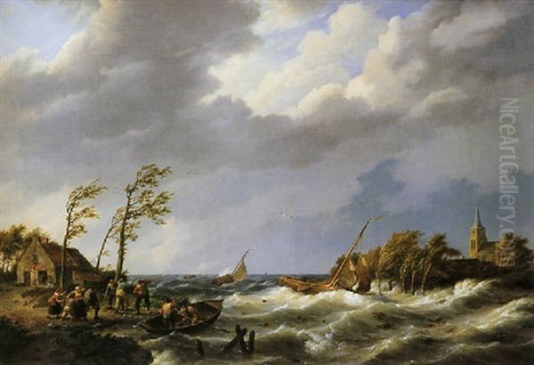 Dutch Fishing Vessel Caught On A Lee Shore With Villagers And A Rescue Boat In The Foreground - view 1