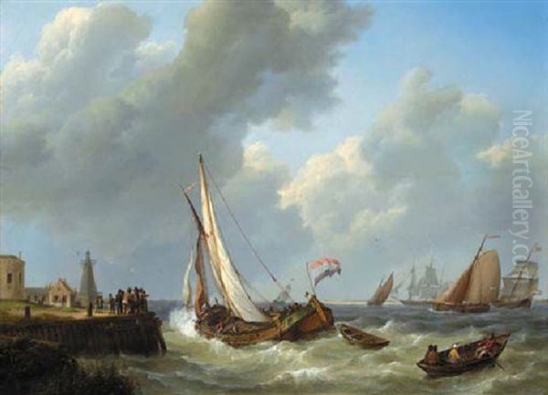 Spectators On A Jetty Watching Sailing Vessels On A Choppy River Estuary - view 1