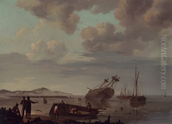 De Gestrande Boot: A Beached Three-master With Beachcombers Along The Shore - view 1
