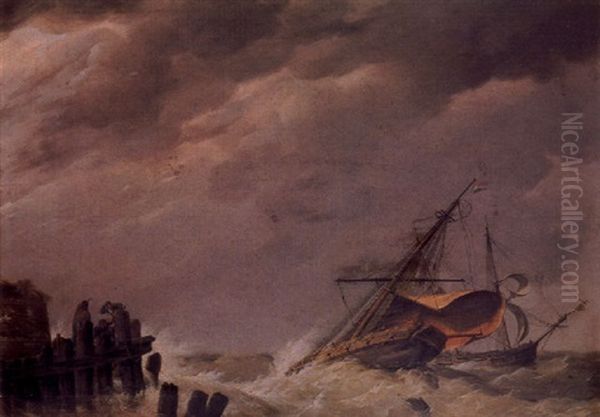 Dutch Vessels In A Squall With Figures On A Wooden Jetty - view 1