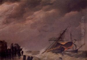 Dutch Vessels In A Squall With Figures On A Wooden Jetty by Johannes Hermanus Koekkoek Snr