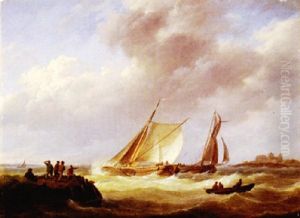 Segelschiffe Bei Sturmischer See Vor Der Kuste by Johannes Hermanus Koekkoek Snr
