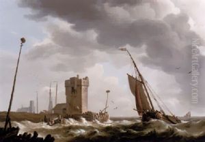 Heimkehrende Kustenfischer, In Sturmischer See, Vor Hafenanlage Mit Wachturm