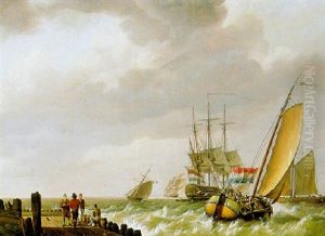 Zeilshepen Voor De Kust by Johannes Hermanus Koekkoek Snr