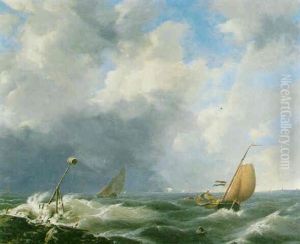 Shipping Off The Coast In A Stiff Breeze by Johannes Hermanus Koekkoek Snr