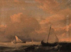 Dutch Barges In A Stormy Estuary by Johannes Hermanus Koekkoek Snr