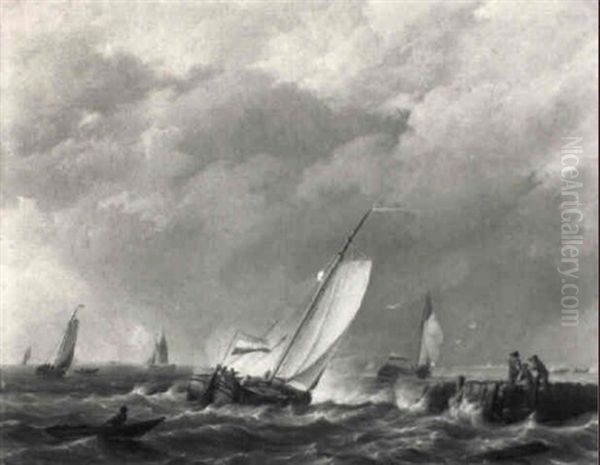 Dutch Fishing Pinks Tacking Off The Coast In A Stiff Breeze - view 1