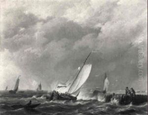 Dutch Fishing Pinks Tacking Off The Coast In A Stiff Breeze by Johannes Hermanus Koekkoek Snr