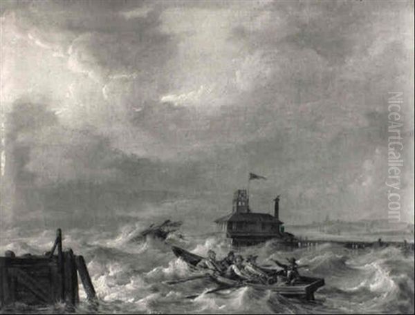 Sailors In A Row-boat Off A Jetty Approaching A Shipwreck On Choppy Seas - view 1