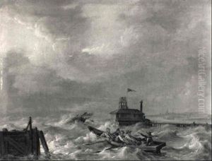 Sailors In A Row-boat Off A Jetty Approaching A Shipwreck On Choppy Seas