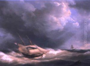 A Dutch Sailing Vessel In A Heavy Swell by Johannes Hermanus Koekkoek Snr