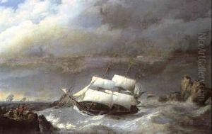 Dutch Shipping Off A Rocky Coastline by Johannes Hermanus Koekkoek Snr