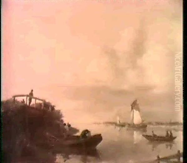 A Riverlandscape With Fishermen In A Rowing Boat By A Bridge And Various Shipping, At Sunset. - view 1
