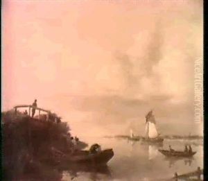 A Riverlandscape With Fishermen In A Rowing Boat By A Bridge And Various Shipping, At Sunset. by Johannes Hermanus Koekkoek Snr