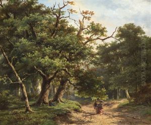 An Elegant Couple Strolling Through A Sunny Forest by Johannes Hermanus Barend Koekkoek