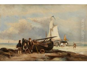 Kustenstuck Mit Booten Und Treidler by Johannes Hermanus Barend Koekkoek