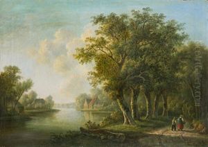 Baumbestandene Flusslandschaft Mit Spaziergangern by Johannes Hermanus Barend Koekkoek