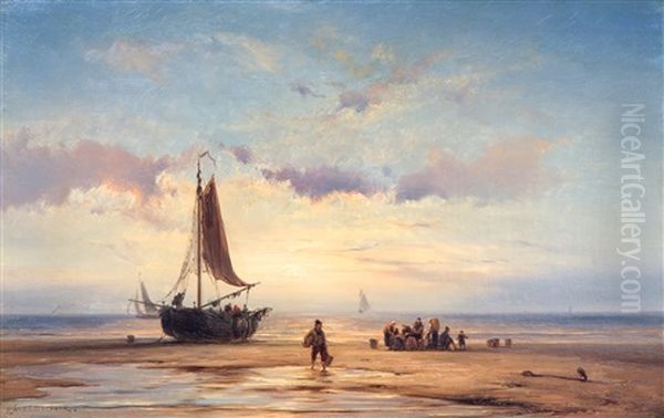 Fisherfolk On The Beach At Sunset - view 1