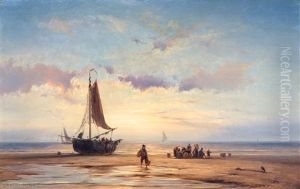 Fisherfolk On The Beach At Sunset by Johannes Hermanus Barend Koekkoek