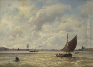 A Capriccio View With Ships On The Nieuwe Maas, Rotterdam by Johannes Hermanus Barend Koekkoek